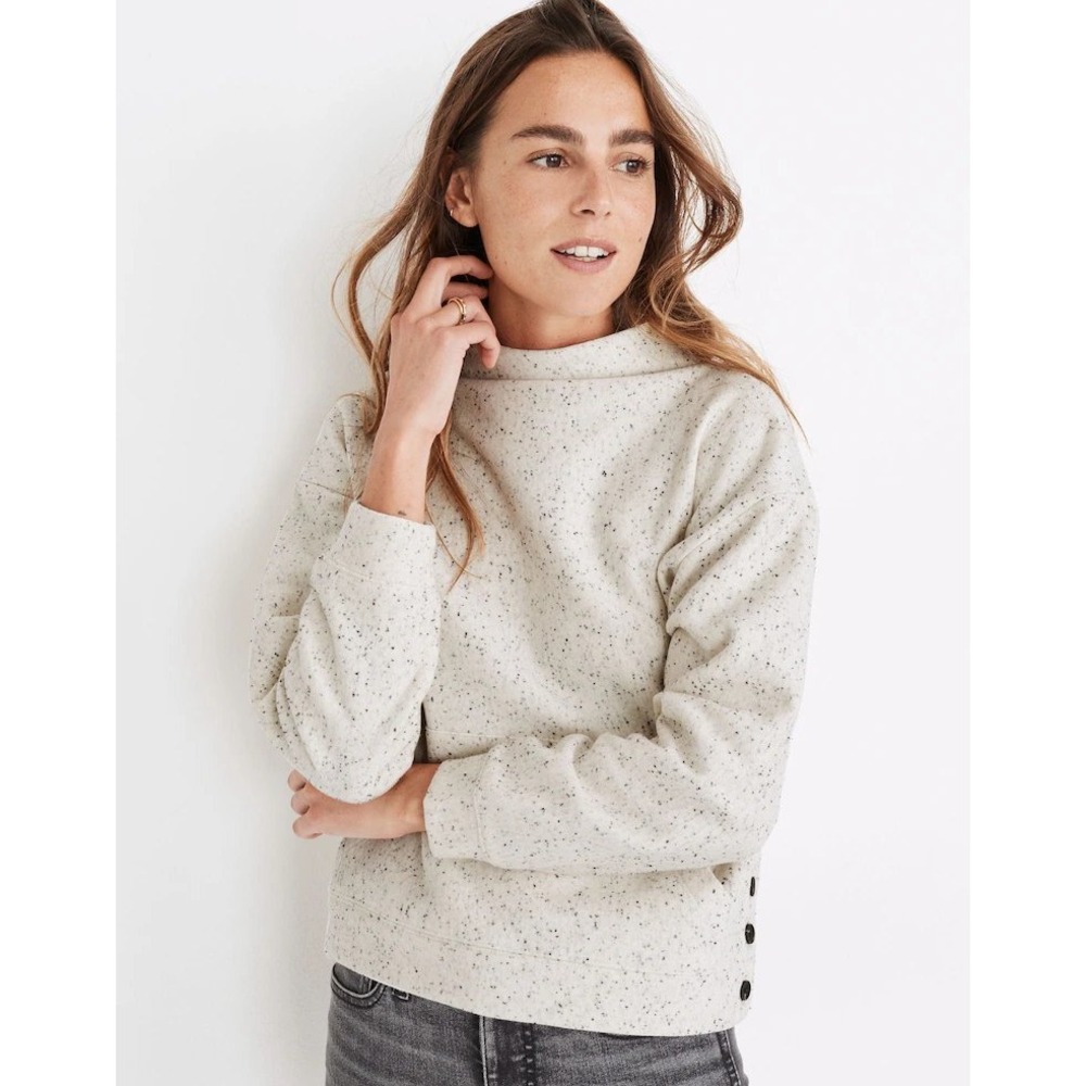 Madewell Donegal Mockneck Side Button Sweatshirt Womens S Cream Speckled Cozy